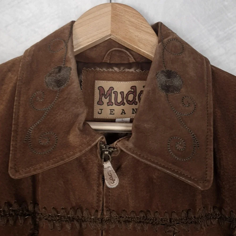Vintage Y2K Mudd Suede Jacket Womens Large Brown Floral Embroidered Festival - Picture 2 of 16